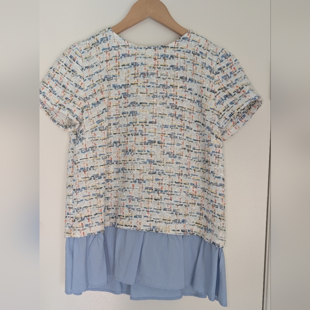 Halogen Tweed Peplum Blouse XS White and Blue